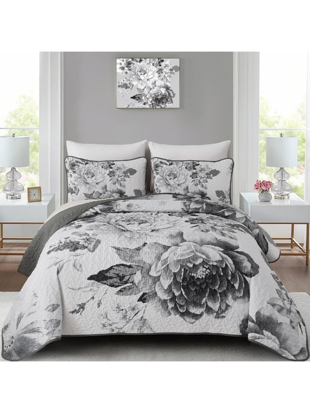 King Size Grey Boho Floral Quilt Set - 3 Piece Bedspread for Cozy Bedroom Decor